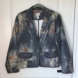 Chico's Distressed Black and Rust Denim Abstract Print Blazer Jacket-Size Small